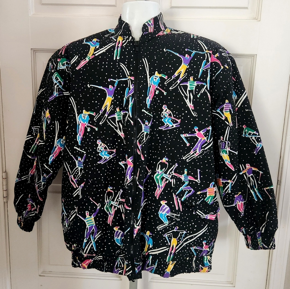 Vintage 80s 90s Ken Done Art To Wear Skier Print Cotton Bomber Jacket Black SZ M